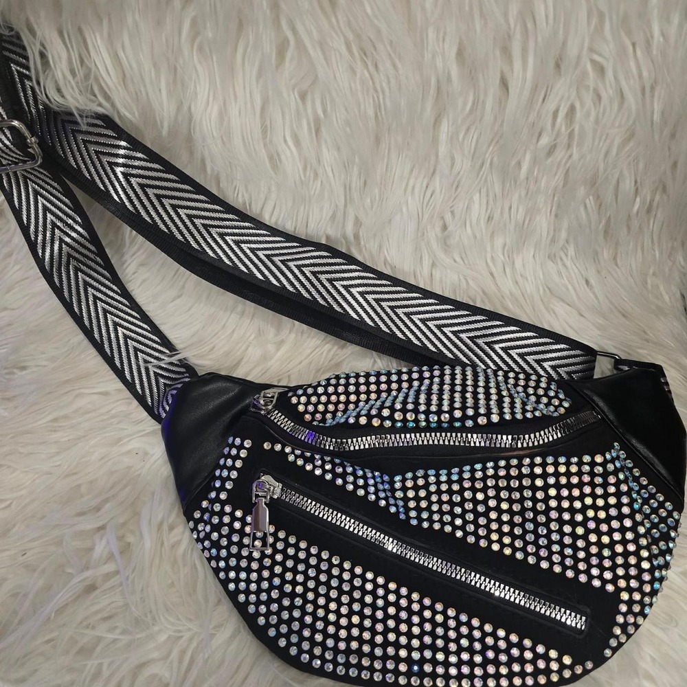 Black Rhinestone Studded Fanny Pack with Chevron Strap #y2k #festival